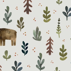 Watercolor woodland animals - Large hand drawn bear and leaves forest - nursery wallpaper - children room decor