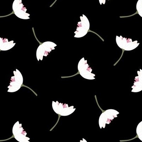Tossed lotus flowers - summer garden blossom yoga flower theme white green pink on black night