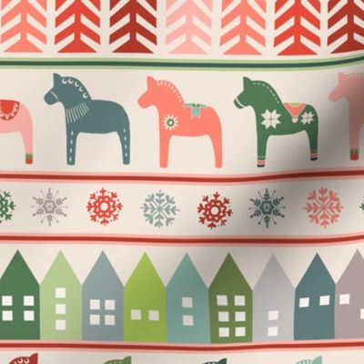 Nordic Christmas Hygge Village Dala Horse Pattern