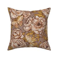 Peonies and Moths in Taupe and Gold Large