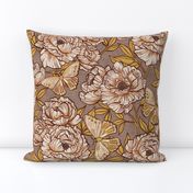 Peonies and Moths in Taupe and Gold Large