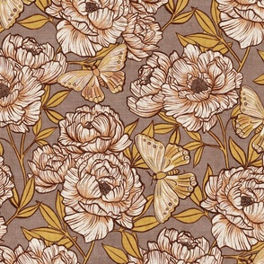 Peonies and Moths in Taupe and Gold Large