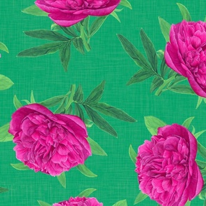 Non-directional  Watercolour Pink Peony on Lime Green - Large Scale