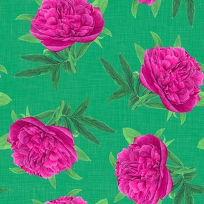 Non-directional  Watercolour Pink Peony on Lime Green - Medium Scale