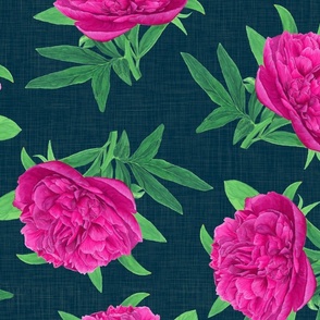 Non-directional  Watercolour Pink Peony on Navy - Large Scale