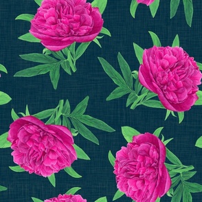 Non-directional  Watercolour Pink Peony on Navy - Medium Scale