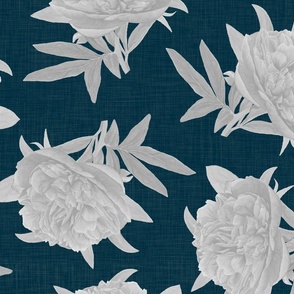 Non-directional Watercolour Grey Peony on Navy - Large Scale