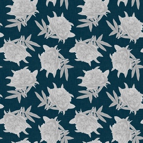 Non-directional Watercolour Grey Peony on Navy -Small Scale