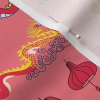 Pink Chinese New Year celebrations with dragons and lanterns