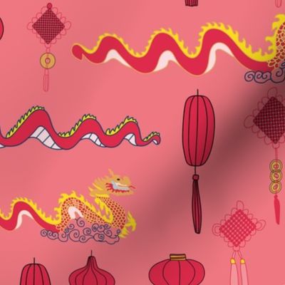 Pink Chinese New Year celebrations with dragons and lanterns