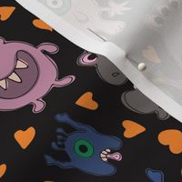 Medium Spooky Cute Halloween Monsters, Ghosts and Bats on Black Background with Orange Hearts