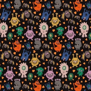 Medium Spooky Cute Halloween Monsters, Ghosts and Bats on Black Background with Orange Hearts