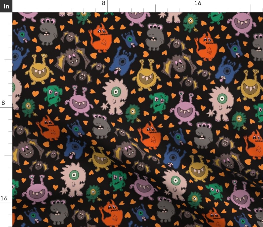 Medium Spooky Cute Halloween Monsters, Ghosts and Bats on Black Background with Orange Hearts