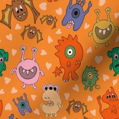 Medium Spooky Cute Halloween Monsters, Ghouls and Bats on Pumpkin Orange Background with Blue & Green