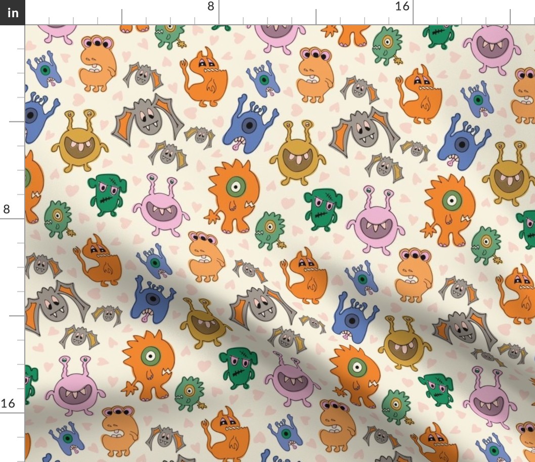 Medium Colorful Spooky Cute Halloween Monster Mash with Ghosts and Bats on Creamy White