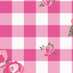 Block Print Roses on Gingham Check (Large) - Rose Pink and White   (TBS203)