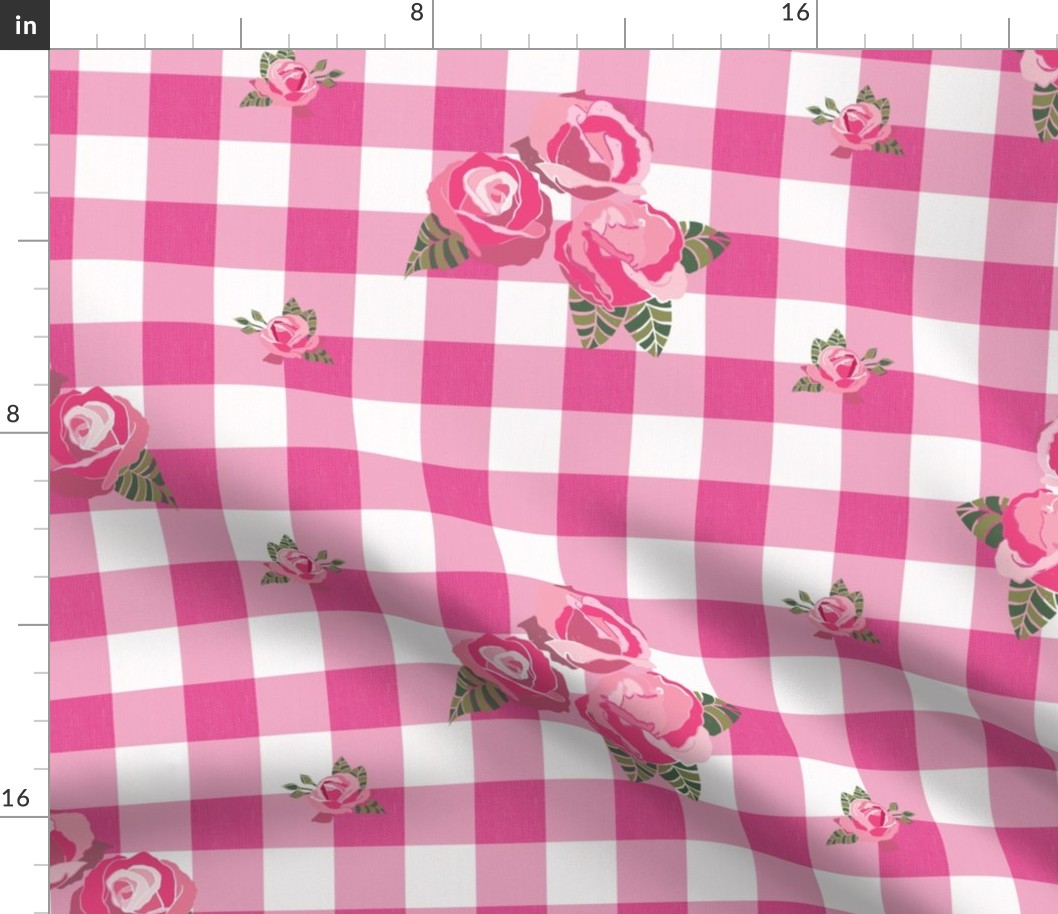 Block Print Roses on Gingham Check (Large) - Rose Pink and White   (TBS203)