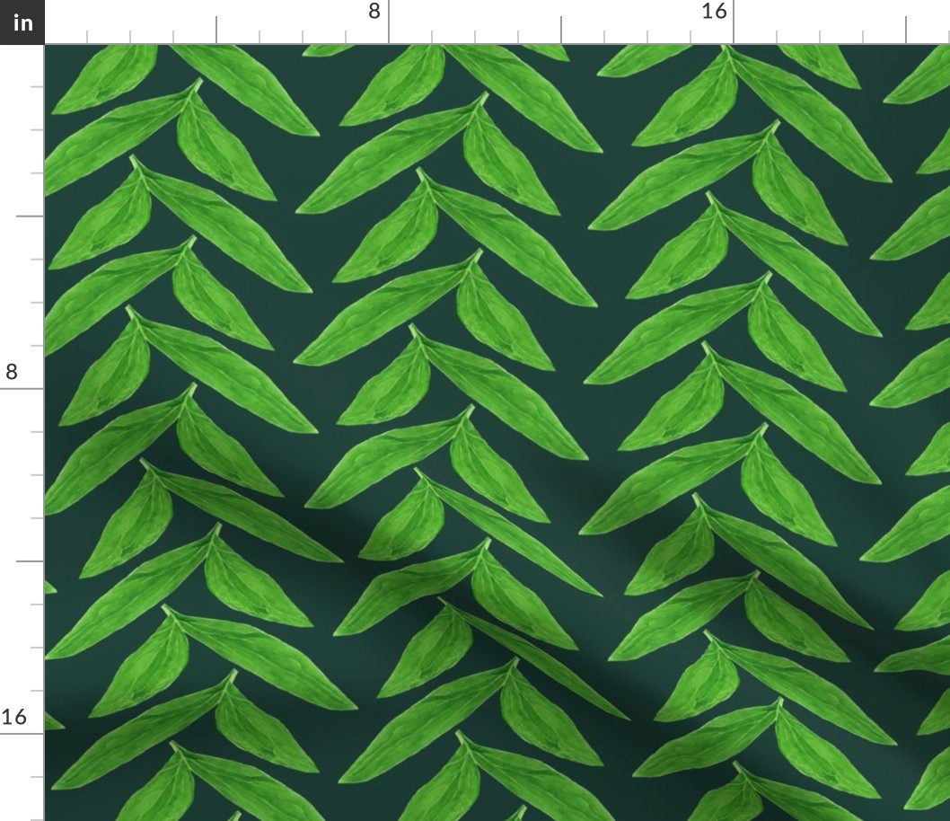 Watercolour Chevron Leaves on Emerald Green - Medium Scale