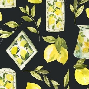 Watercolor vintage sweet kitchen lemons on black