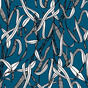 Graphic Modern Lined Leaves on Deep Blue