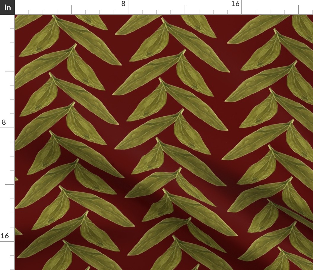 Watercolour Chevron Leaves on Burgundy - Large Scale