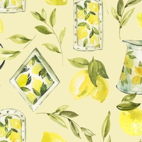 Watercolor vintage sweet kitchen lemons on yellow