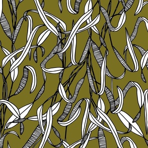 Graphic Linear Leaves on Olive Green