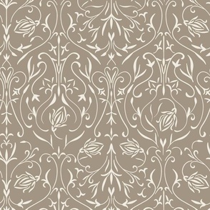 damask 02 - creamy white _ khaki brown - traditional wallpaper