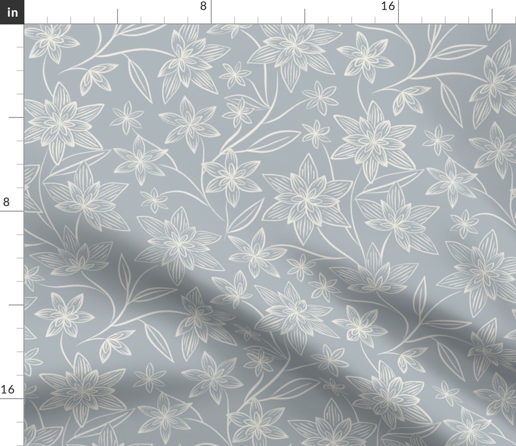 flowy flowers - creamy white_ french grey blue 02 - blue and white floral