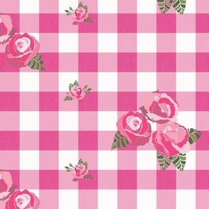 Block Print Roses on Gingham Check (Medium) - Rose Pink and White   (TBS203)