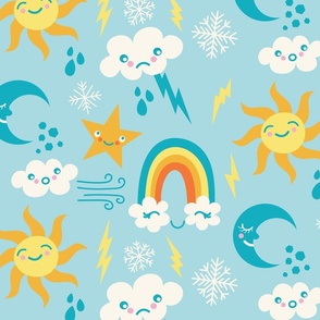 Whimsical Weather - Sky + Cute Suns + Moons + Clouds + Rainbows - Robin Egg Blue - JUMBO