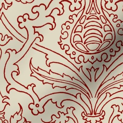 Spanish Renaissance Damask, red on flax