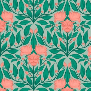 Elegant Rose Damask: Art Deco Floral in Rose Pink & Green