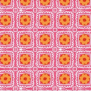 Correopsis (Bright Pink & Orange) || block print postage stamp flowers
