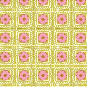 Correopsis (Lime & Pink) || block print postage stamp flowers