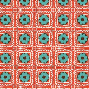 Correopsis (Red & Turquoise) || block print postage stamp flowers