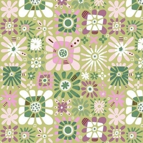 preppy pink and green 70s floral small scale