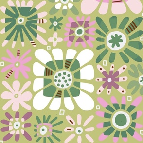 preppy pink and green 70s floral wallpaper scale