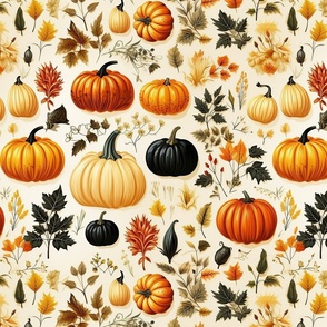 Colorful Harvest Pumpkins on Cream Offwhite  Black Orange Yellow  Halloween Thanksgiving Squash Country