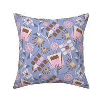 LARGE: Modern Geometric Florals: Brown and Pink on Blue