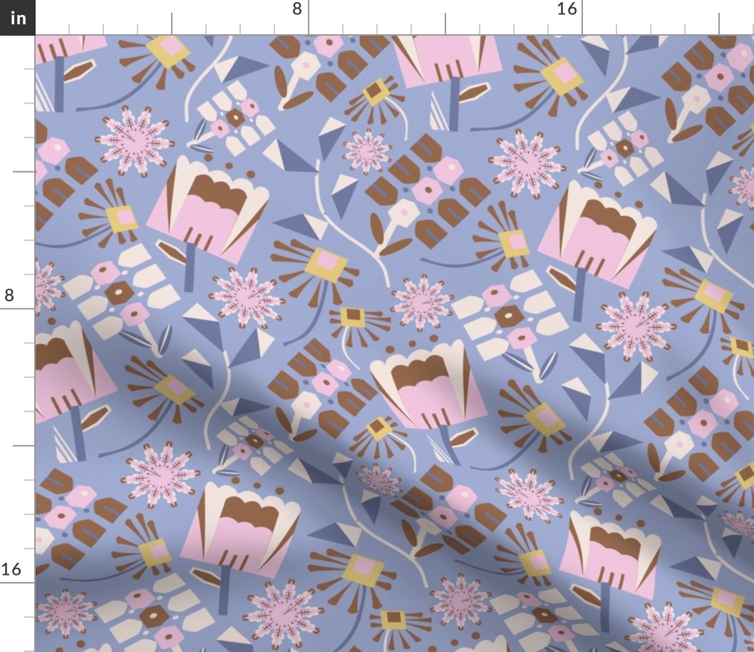 LARGE: Modern Geometric Florals: Brown and Pink on Blue