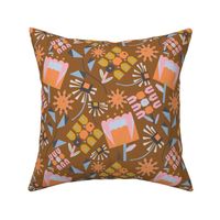 LARGE:Modern Geometric Florals: Orange and Pink on Brown