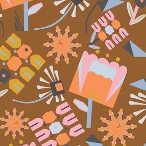 LARGE:Modern Geometric Florals: Orange and Pink on Brown
