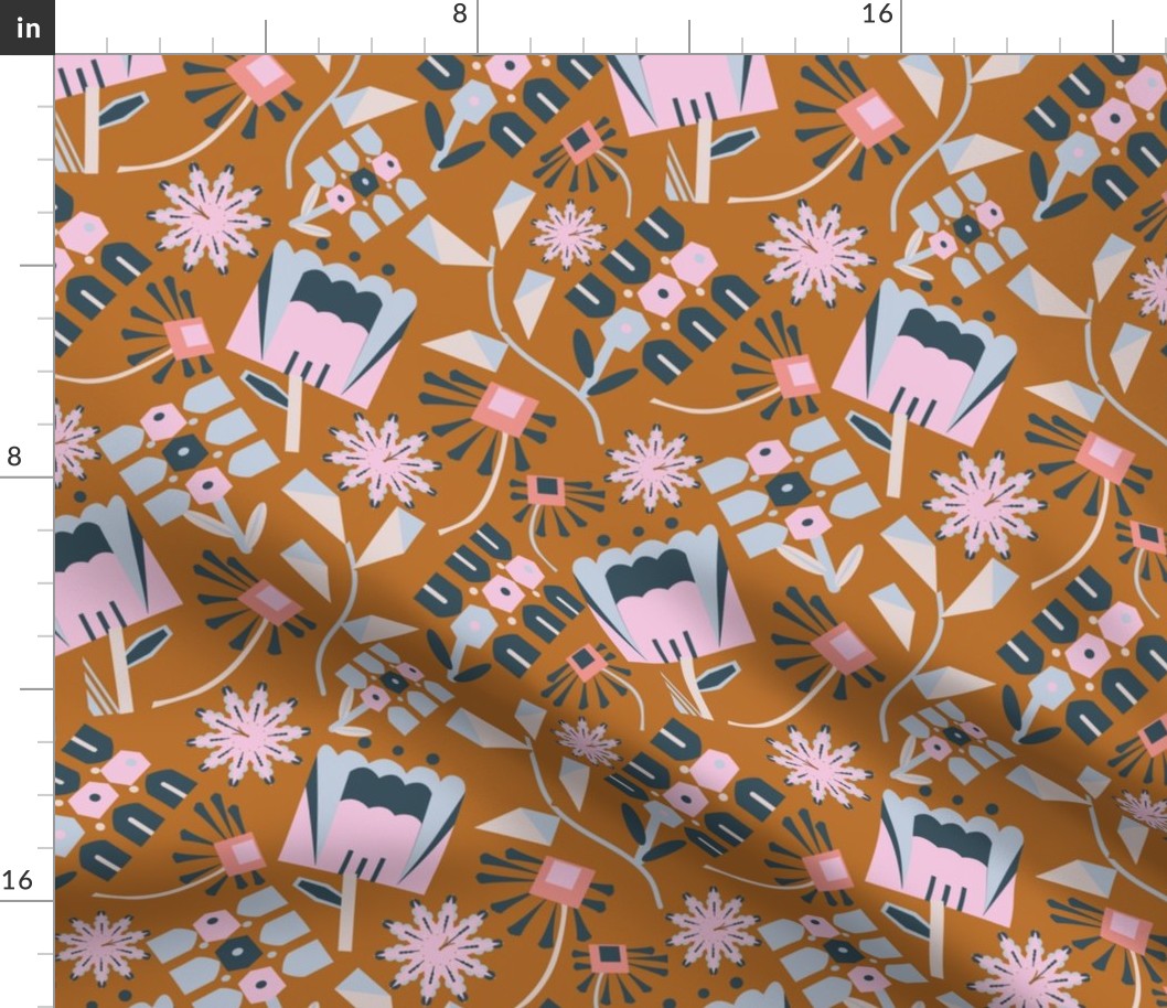 LARGE: Modern Geometric Florals: Navy Blue and Pink on Brown
