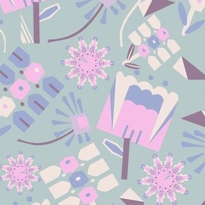 LARGE: Modern Geometric Florals: Blue and Pink on Light background