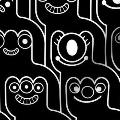 HountedTooth- Monster Mash Houndstooth- Cute Halloween Monsters- Novelty Aliens- Intergalactic Creatures- Kids- Children- White Outline on Black Background- Black and White- Large