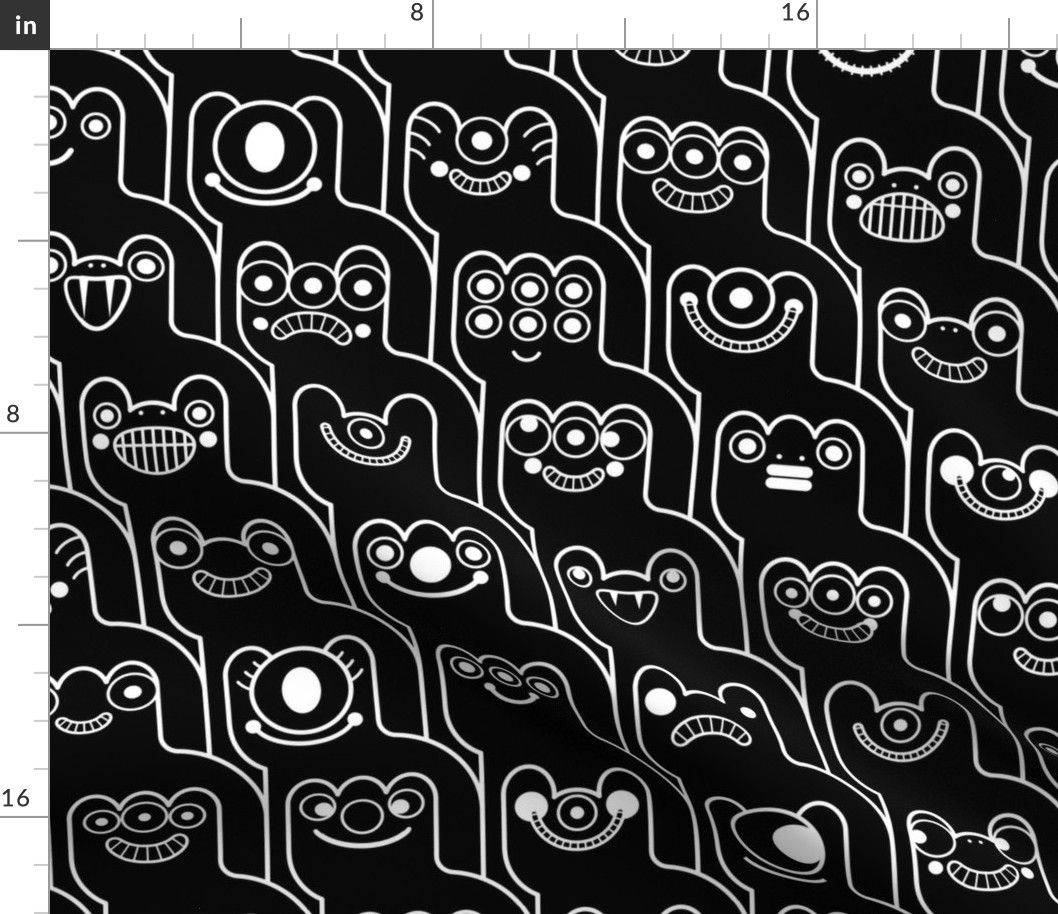HountedTooth- Monster Mash Houndstooth- Cute Halloween Monsters- Novelty Aliens- Intergalactic Creatures- Kids- Children- White Outline on Black Background- Black and White- Large