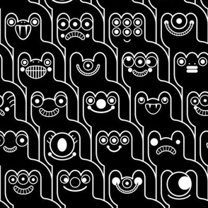 HountedTooth- Monster Mash Houndstooth- Cute Halloween Monsters- Novelty Aliens- Intergalactic Creatures- Kids- Children- White Outline on Black Background- Black and White- Small