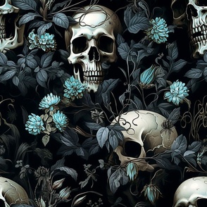 Gothic Skulls, Aqua Blue Mums on Dark Black Floral Flowers Large, Haunting Eerie Dark Romance, Halloween, Macabre Art Haunted 