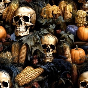 Macabre Gothic Fall Harvest Skulls Pumpkins Corn on Black Spooky Halloween Eerie Creepy Design Large Scale